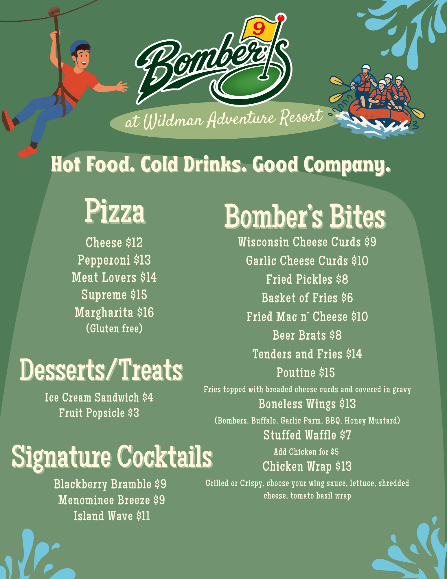 Bomber’s Bar food menu with pizza, snacks, desserts, and signature cocktails